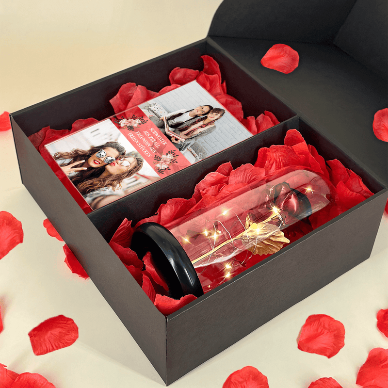 Freundin aus freien Stücken Glasdruck + Rote ewige Rose Box in1 - Geschenkset Box, personalisiertes Geschenk für Schwester - Adamell.de