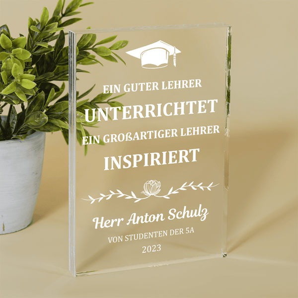 Für den inspirierenden Lehrer - Druck auf Glas, personalisiertes Geschenk für Lehrer - Adamell.de