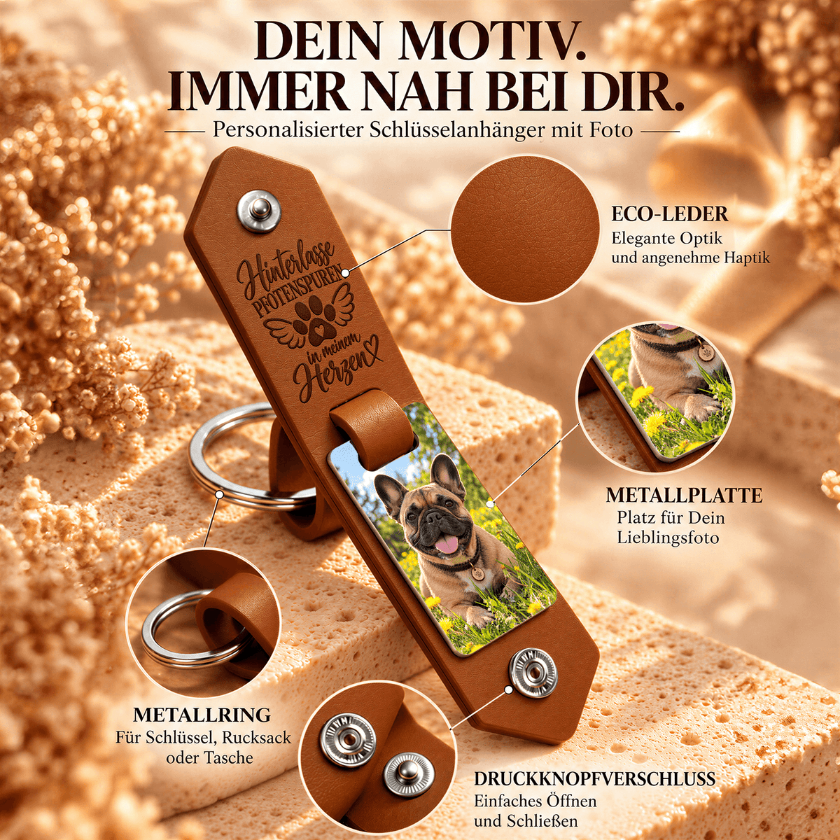Geschenk für Hundeliebhaber Klappbarer Foto-Schlüsselanhänger Pfotenabdrücke