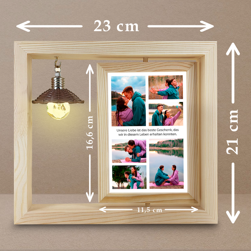 Liebe ist Geschenk - Druck auf Glas in Holzrahmen + led, personalisiertes Geschenk für Paar