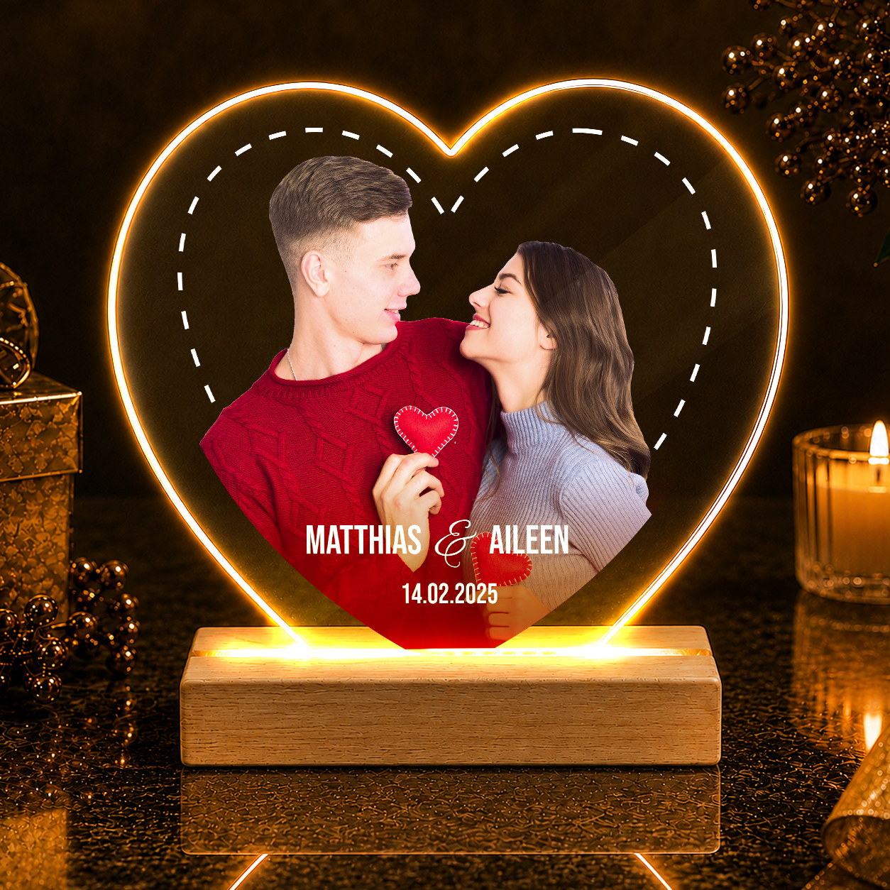 Foto der Liebenden + Namen und Datum - Druck auf Glas Herz, personalisiertes Geschenk für Paare