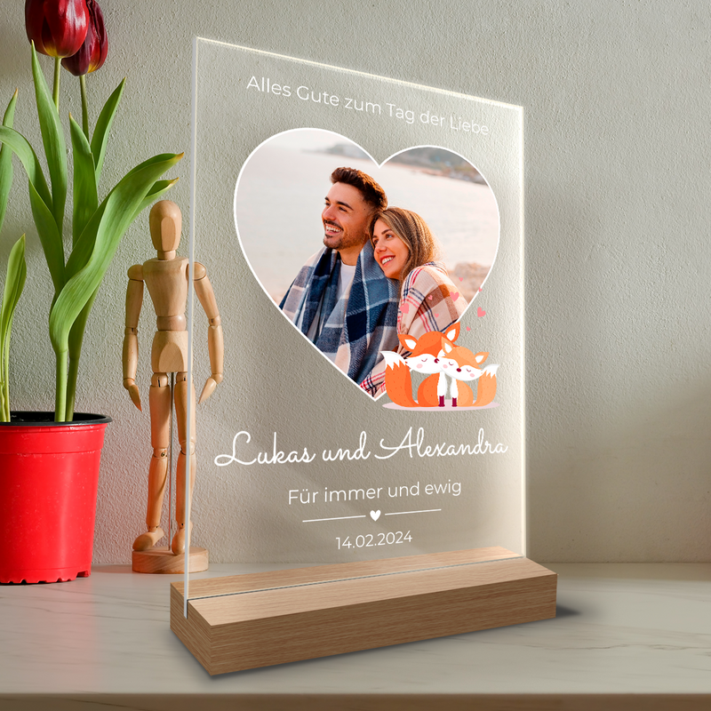 Verliebte Füchse + Foto - Druck auf Glas, personalisiertes Geschenk für Frau