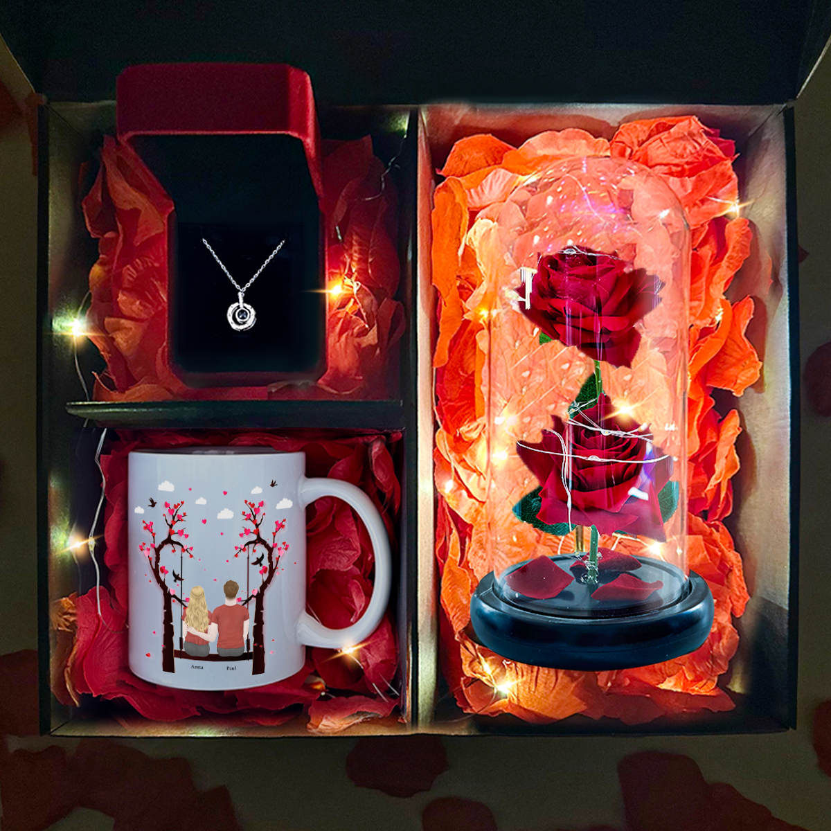 Bedruckte Tasse LOVE + Ewige Rose + Anhänger - Geschenkset 3 in 1, personalisiertes Geschenk für Frau