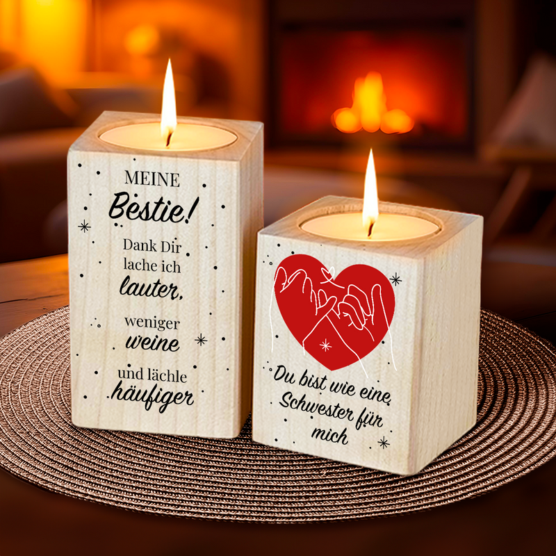 Du bist für mich wie eine Schwester - 2 x Kerzenständer aus Holz, personalisiertes Geschenk für Freundin