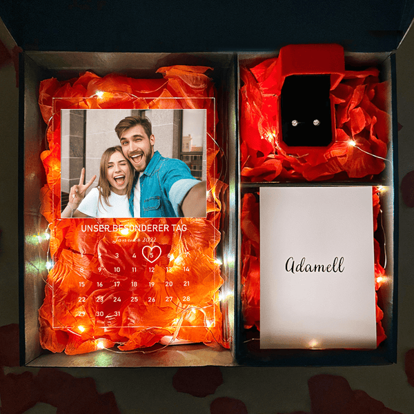 Glasdruck Unser besonderer Tag + Ohrringe Box in1 - Geschenkset Box, personalisiertes Geschenk für Frau - Adamell.de