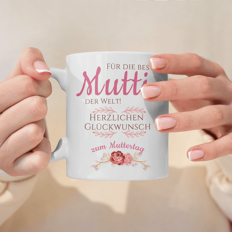 Glückwunsch an die beste Mutter - 1x bedruckte Tasse, personalisiertes Geschenk für Mama - Adamell.de