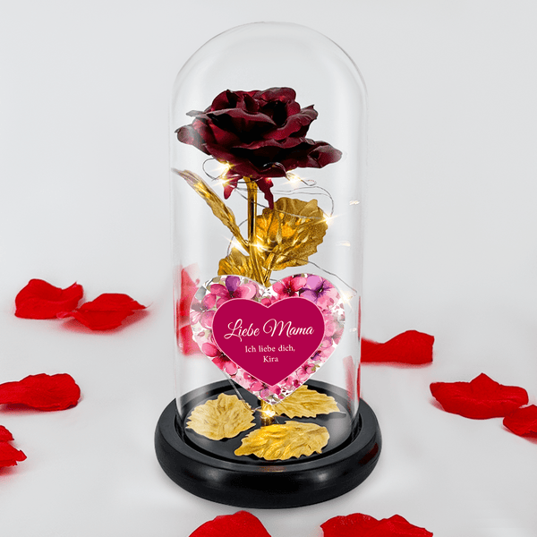 Goldene und rote LED-Rose in Glas + personalisiertes Herz LIEBE MAMA - Adamell.de