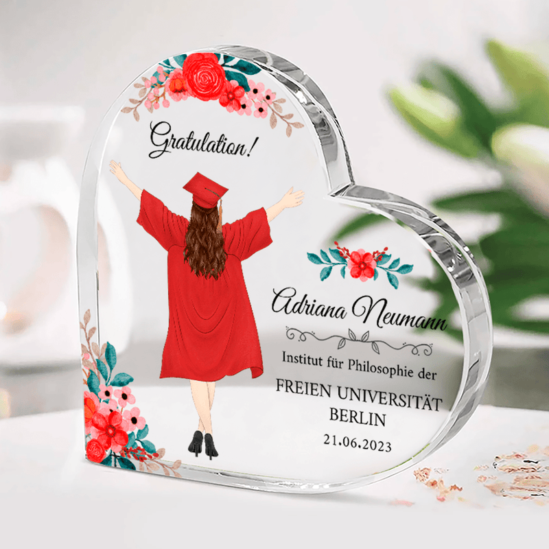 Gratulation zu Studienabschluss - Herz aus Glas, personalisiertes Geschenk für Absolvent - Adamell.de