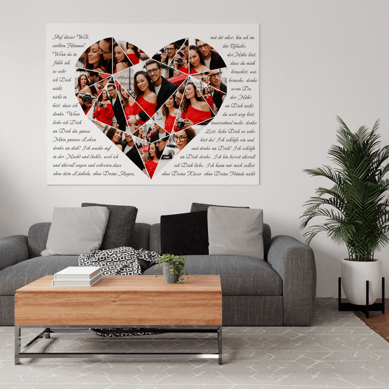 Herz Collage + Text - Druck auf Leinwand, personalisiertes Geschenk für Paar - Adamell.de