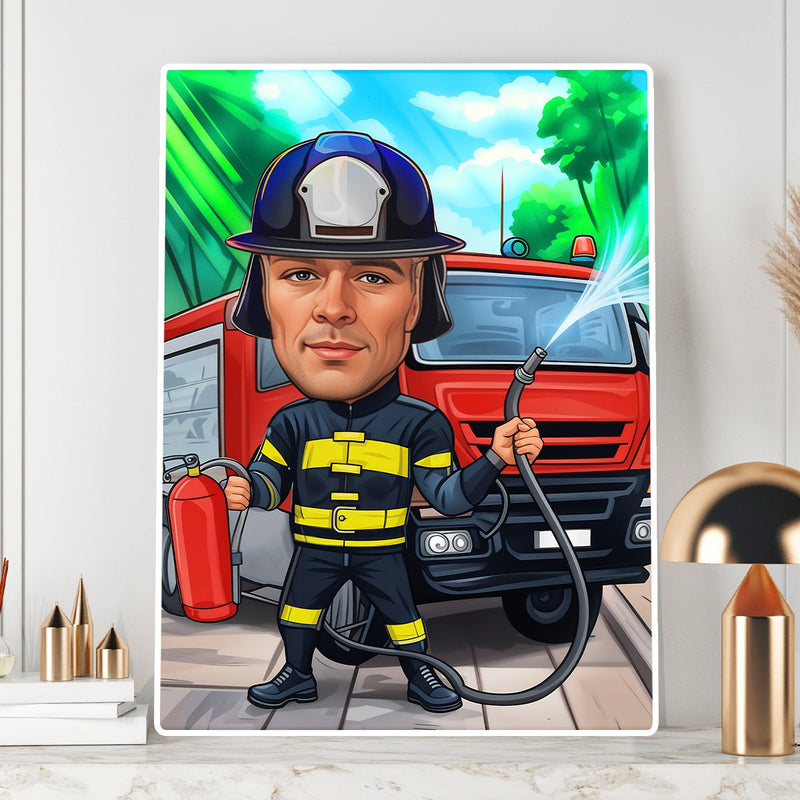 Illustration Feuerwehrmann - Druck auf Leinwand, personalisiertes Geschenk für Feuerwehrmann - Adamell.de