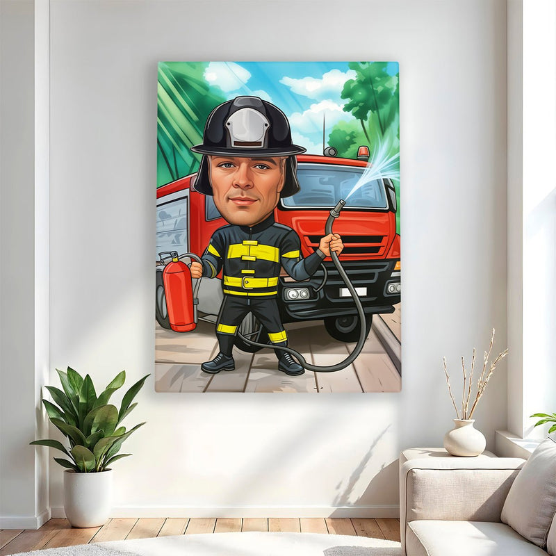 Illustration Feuerwehrmann - Druck auf Leinwand, personalisiertes Geschenk für Feuerwehrmann - Adamell.de