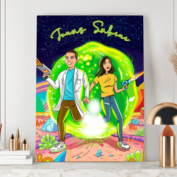 Illustration im Rick & Morty Stil - Druck auf Leinwand, personalisiertes Geschenk für Paare - Adamell.de