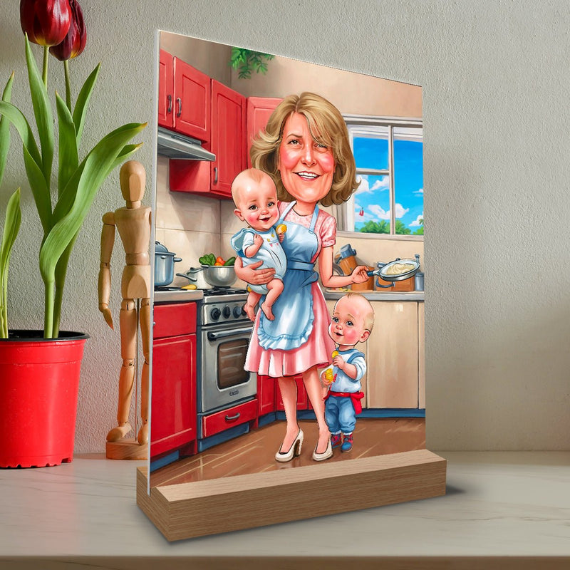 Illustration von Oma und Enkelkindern - Druck auf Glas, personalisiertes Geschenk für Oma - Adamell.de