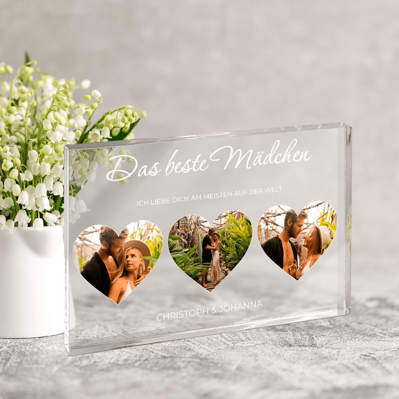 Inschrift + Bilder in Herzen - Druck auf Glas, personalisiertes Geschenk für Frau - Adamell.de