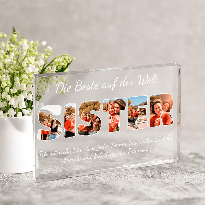 Inschrift SISTER Collage - Druck auf Glas, personalisiertes Geschenk für Schwester - Adamell.de