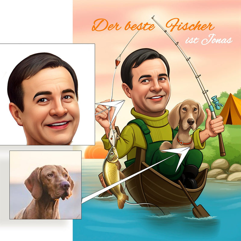 Karikatur des besten Anglers - Druck auf Leinwand, personalisiertes Geschenk für Angler - Adamell.de