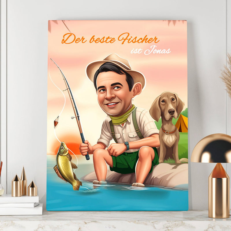 Karikatur des besten Anglers - Druck auf Leinwand, personalisiertes Geschenk für Angler - Adamell.de