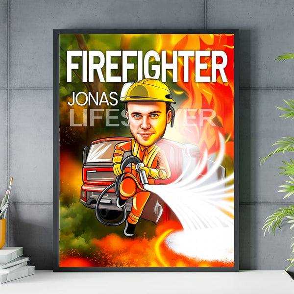 Karikatur eines Feuerwehrmanns - Poster, personalisiertes Geschenk für Feuerwehrmann - Adamell.de