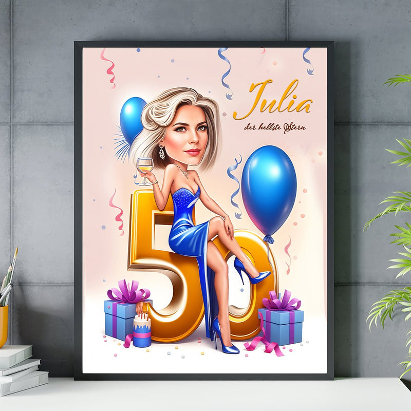 Karikatur zum 50. Geburtstag - Poster, personalisiertes Geschenk für Frau - Adamell.de