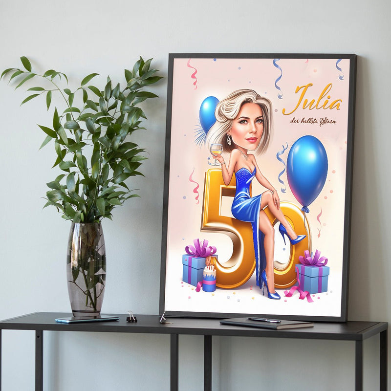 Karikatur zum 50. Geburtstag - Poster, personalisiertes Geschenk für Frau - Adamell.de