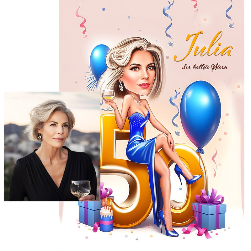 Karikatur zum 50. Geburtstag - Poster, personalisiertes Geschenk für Frau - Adamell.de