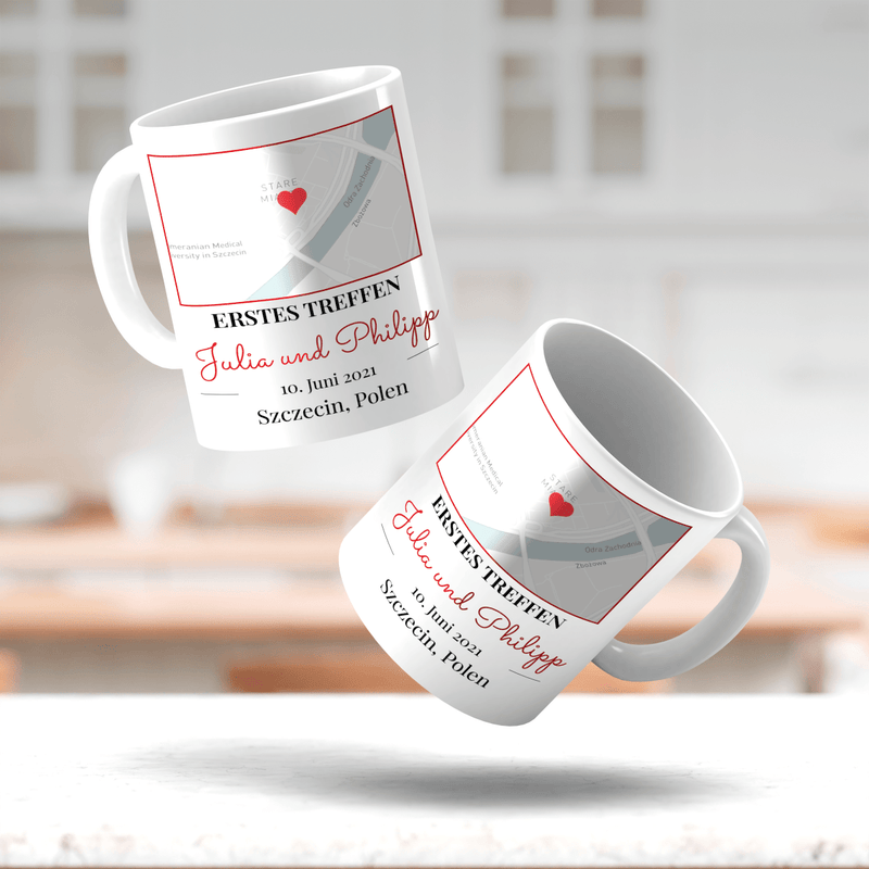 Karte des ersten Treffens - 1x bedruckte Tasse, personalisiertes Geschenk für ein Paar - Adamell.de