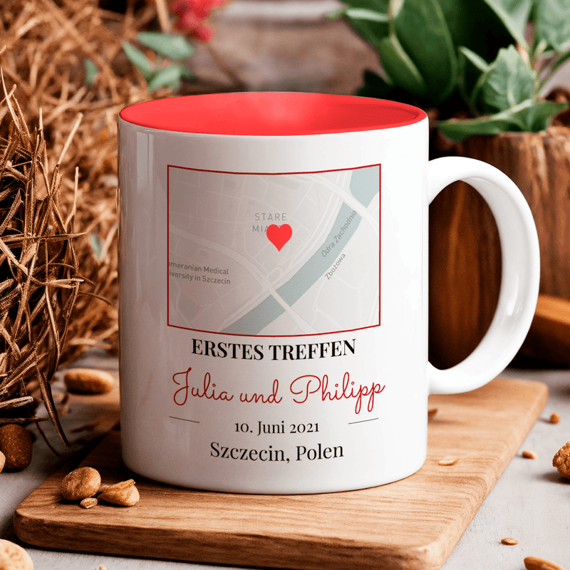 Karte des ersten Treffens - 1x bedruckte Tasse, personalisiertes Geschenk für ein Paar - Adamell.de