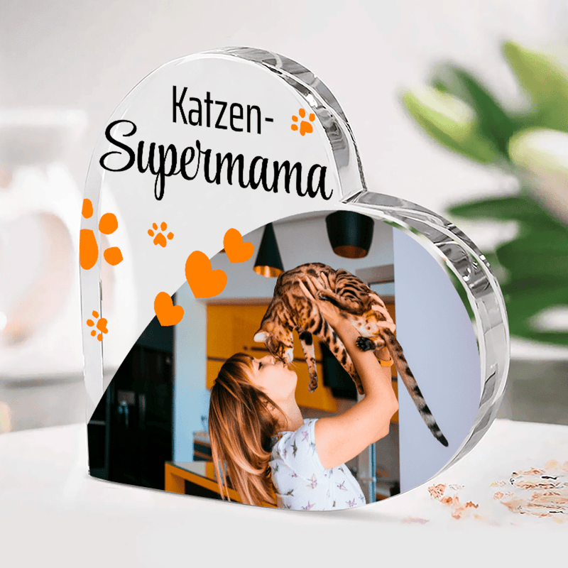 Katzen Supermama - Herz aus Glas, personalisiertes Geschenk - Adamell.de