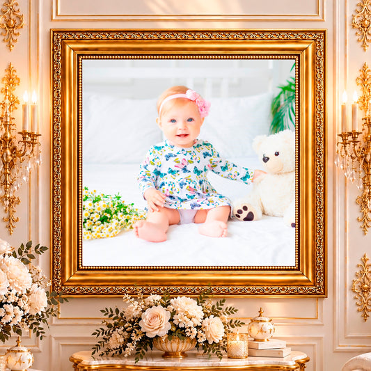 Foto auf Leinwand Baby mit Teddybär — Geschenk zur Geburt