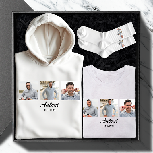 Sweatshirt + T-Shirt + Socken COLLAGE + NAME - Geschenkset 3 in 1, personalisiertes Geschenk für Mann