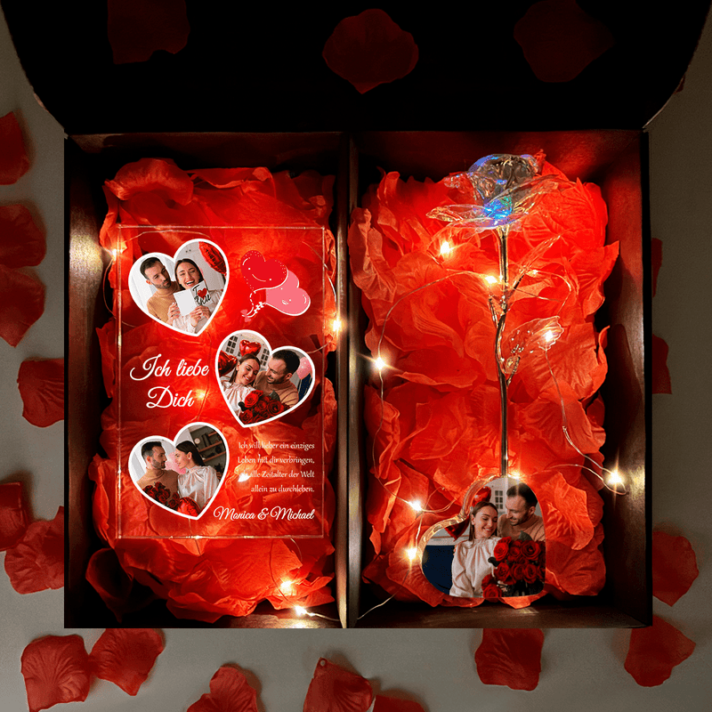 LED Kristall ewige Rose in Herz + Druck auf Glas BOX 2 in 1 PAAR - Adamell.de