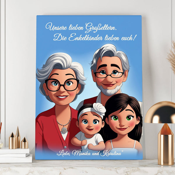 Liebe Großeltern Illustration - Druck auf Leinwand, personalisiertes Geschenk für Großeltern - Adamell.de