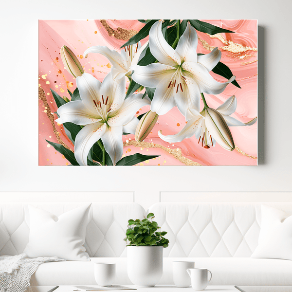 Lilien auf rosa Hintergrund - Bild auf Leinwand, originelles Geschenk für Frau - Adamell.de