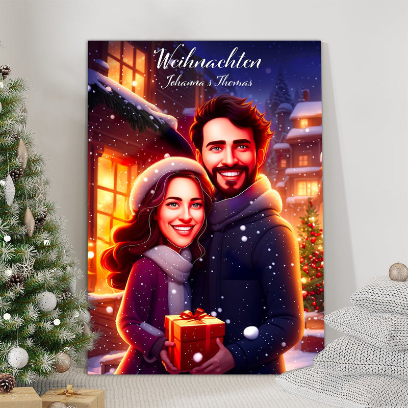 llustration eines Paares zu Weihnachten - Druck auf Leinwand, personalisiertes Geschenk für Paar - Adamell.de