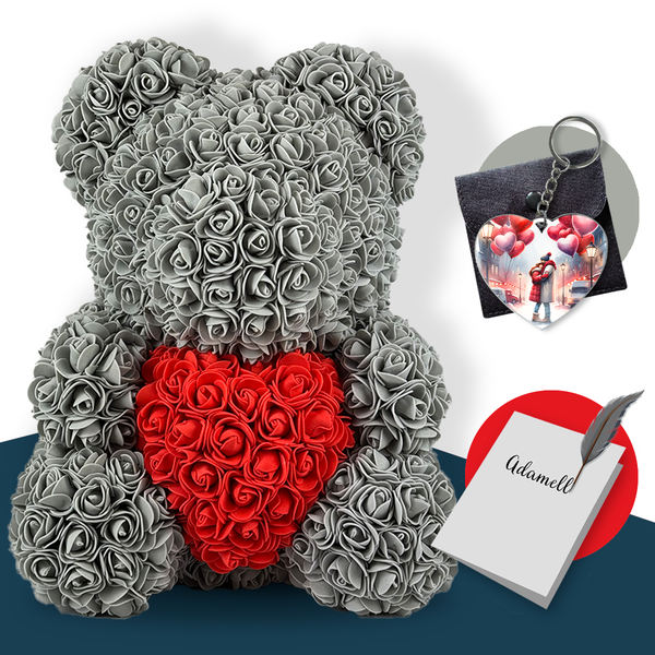 Rosenbär Grau mit Herz 40cm, Geschenk für frauen, freundin, mama, valentinstag, geburstag, weihnachtsgeschenke, muttertagsgeschen, Weltfrauentag