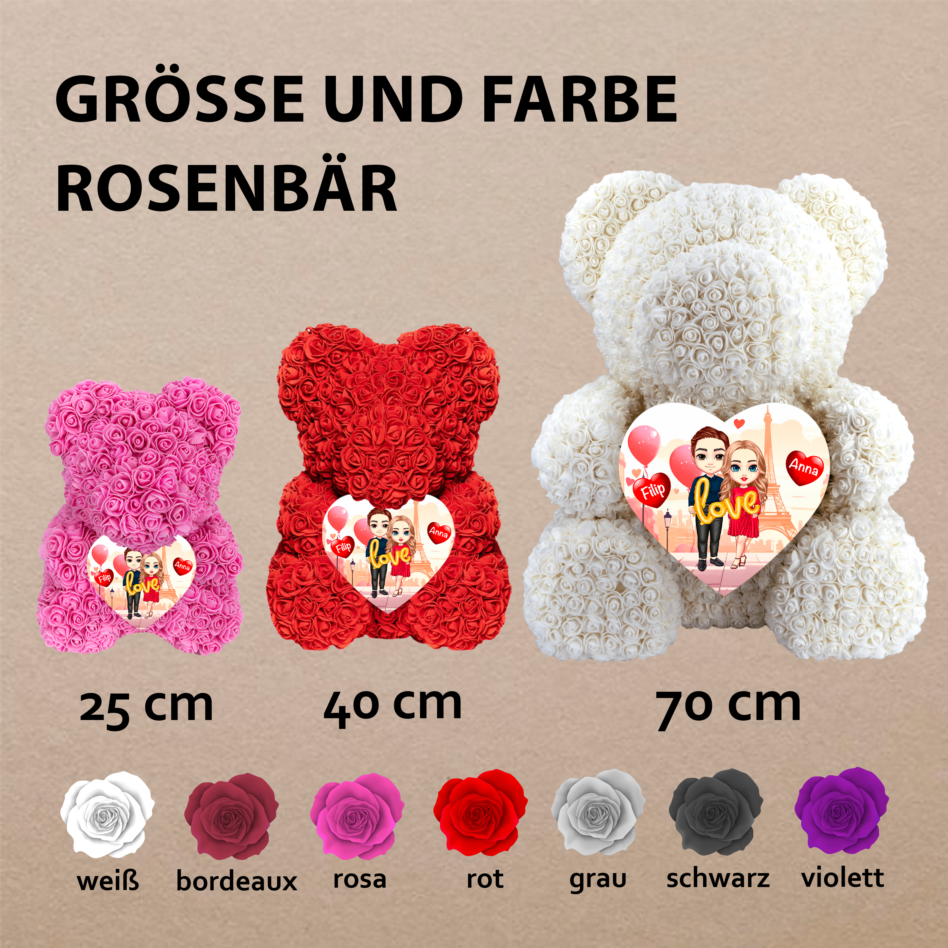 Love Clipart - Rosenbären mit Aufdruck, personalisiertes Geschenk für Frau