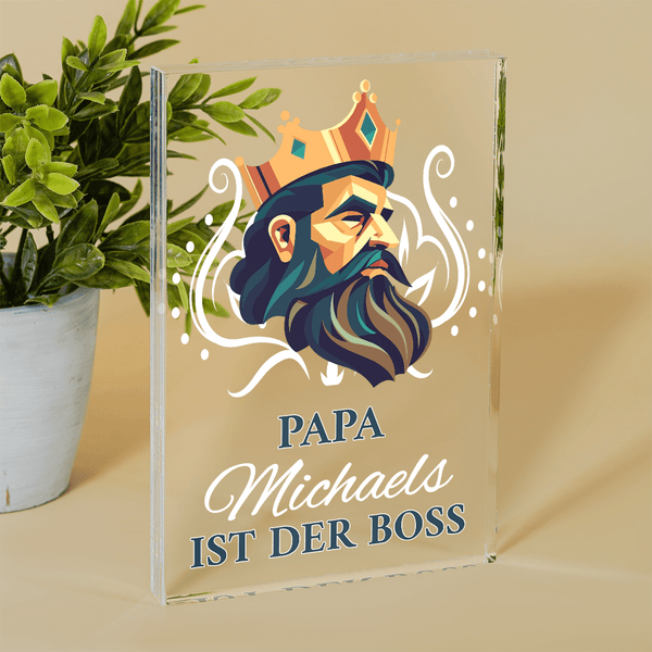Papa ist der Boss - Kings Grafik - Druck auf Glas, personalisiertes Geschenk für Papa - Adamell.de