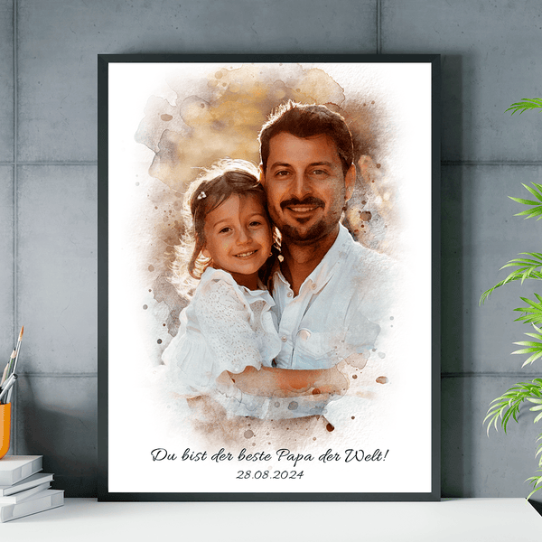 Papa und Kind Aquarellporträt - Poster, personalisiertes Geschenk für Papa - Adamell.de