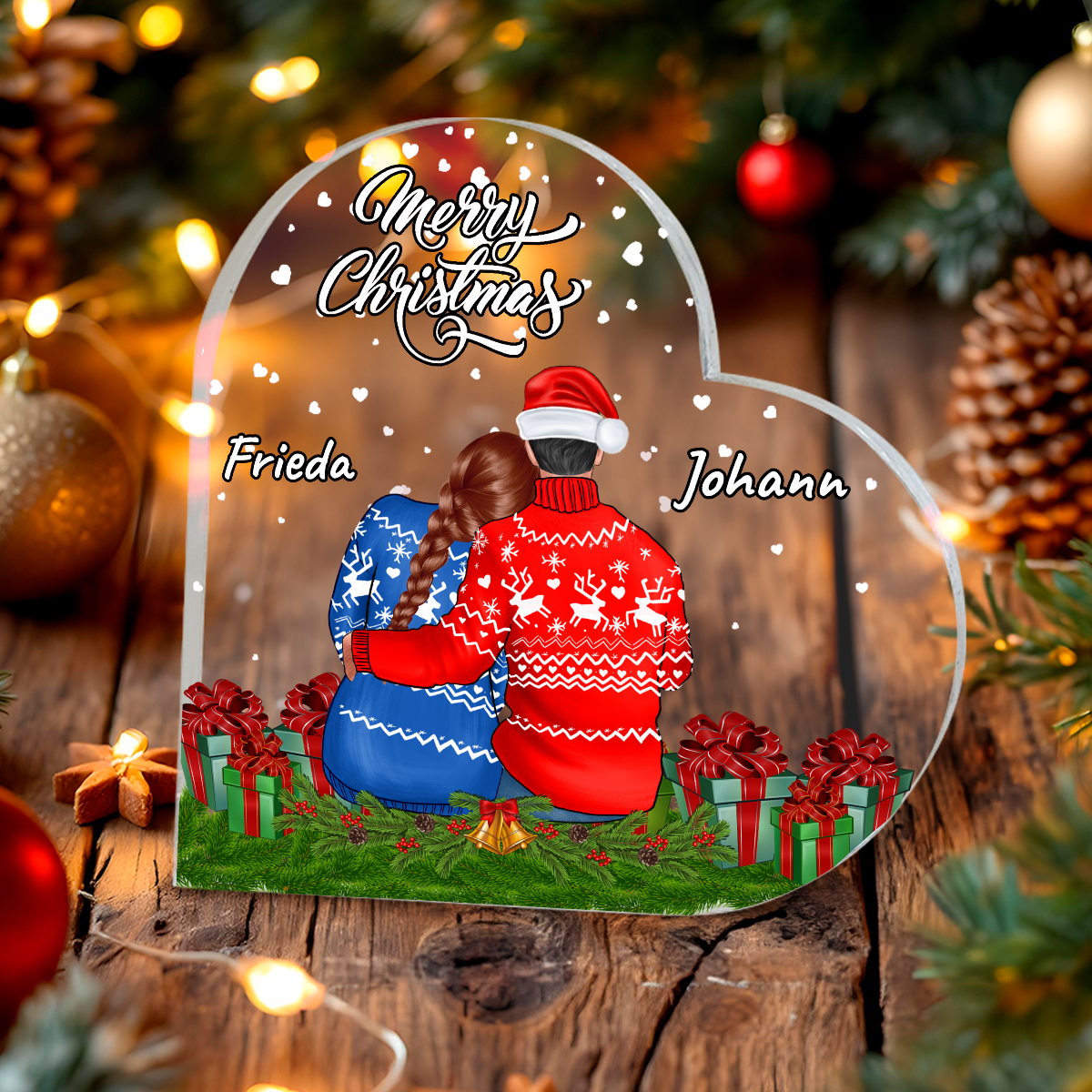 Druck auf Glas WEIHNACHTSPAAR + Ewige Rose + Anhänger - Geschenkset 3 in 1, personalisiertes Geschenk für Ehefrau