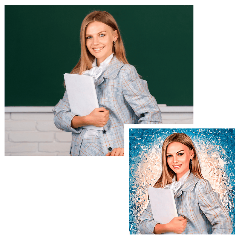 Porträt Lehrerin mit buntem Hintergrund - Druck auf Leinwand, personalisiertes Geschenk für Lehrer - Adamell.de