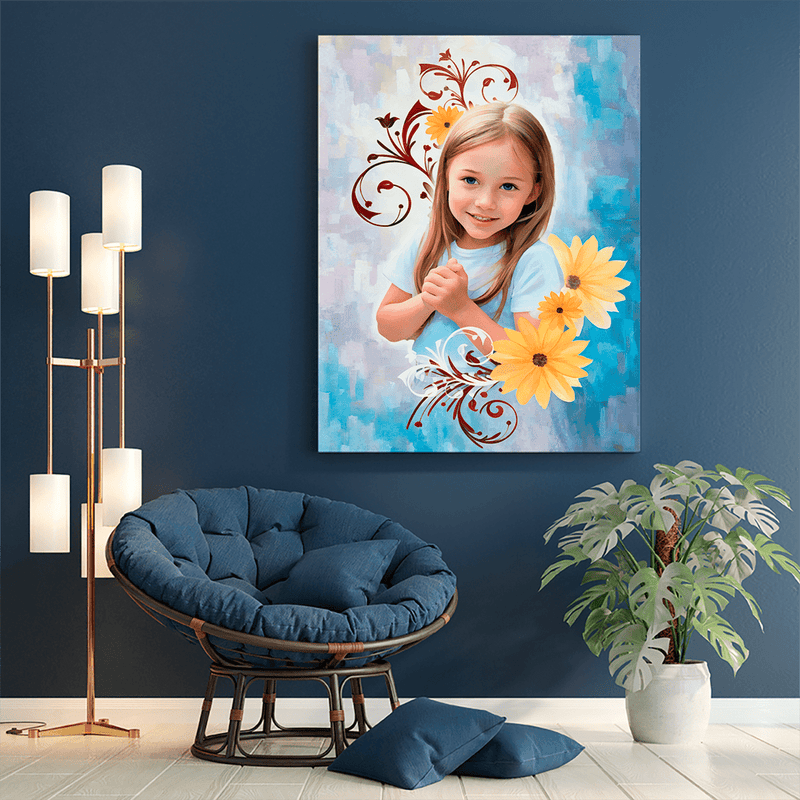 Porträt mit floralem Motiv - Druck auf Leinwand, personalisiertes Geschenk für Mädchen - Adamell.de