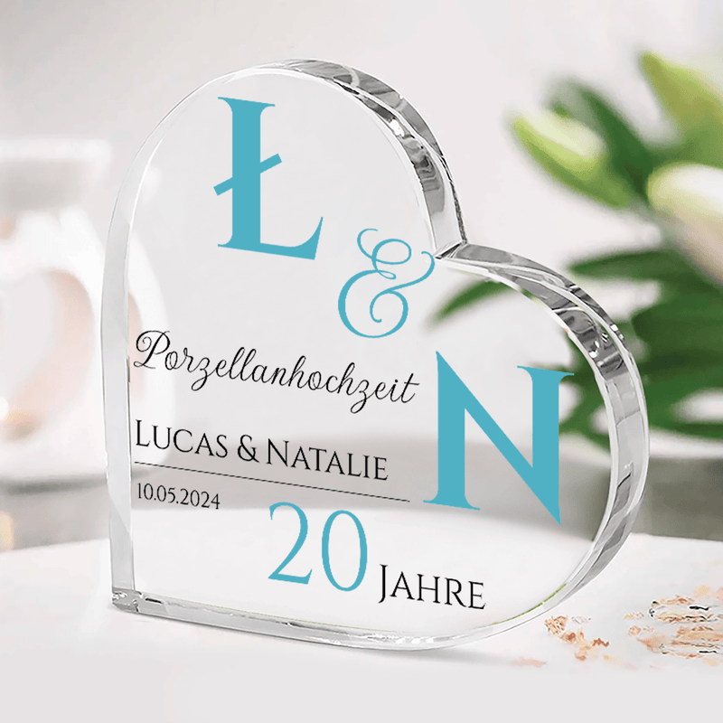 Porzellanhochzeit - Herz aus Glas, personalisiertes Geschenk für Paar - Adamell.de