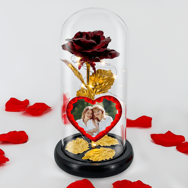 Rot-goldene LED-Ewige Rose aus Glas + personalisiertes Herz MAMA & TOCHTER - Adamell.de