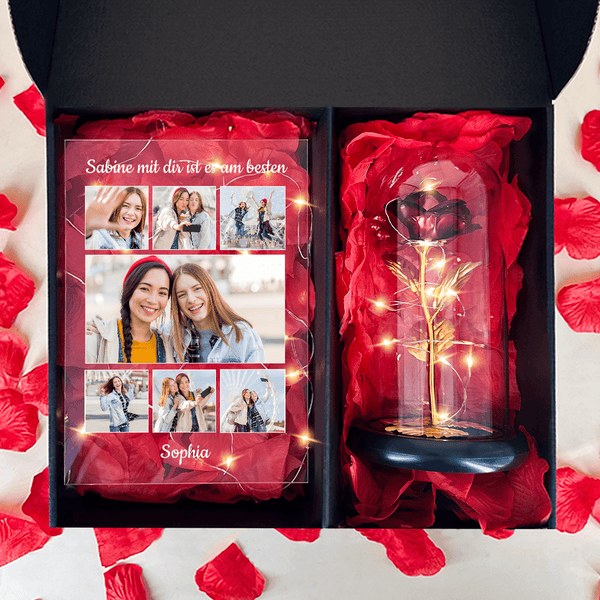 Rote ewige Rose + Glasdruck FREUNDIN Box in1 - Geschenkset Box, personalisiertes Geschenk für Freundin - Adamell.de