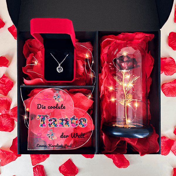 Rote ewige Rose + Herz COOLSTE TANTE + Anhänger Box 3 in 1 - Geschenkset, personalisiertes Geschenk für Tante - Adamell.de