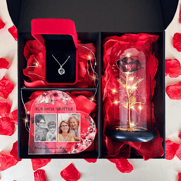 Rote ewige Rose + Herz FÜR MAMA + Anhänger Box 3 in 1 - Geschenkset, personalisiertes Geschenk für Mama - Adamell.de
