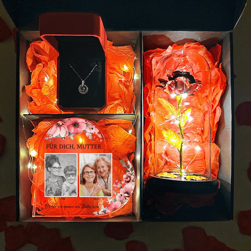Rote ewige Rose + Herz FÜR MAMA + Anhänger Box 3 in 1 - Geschenkset, personalisiertes Geschenk für Mama - Adamell.de