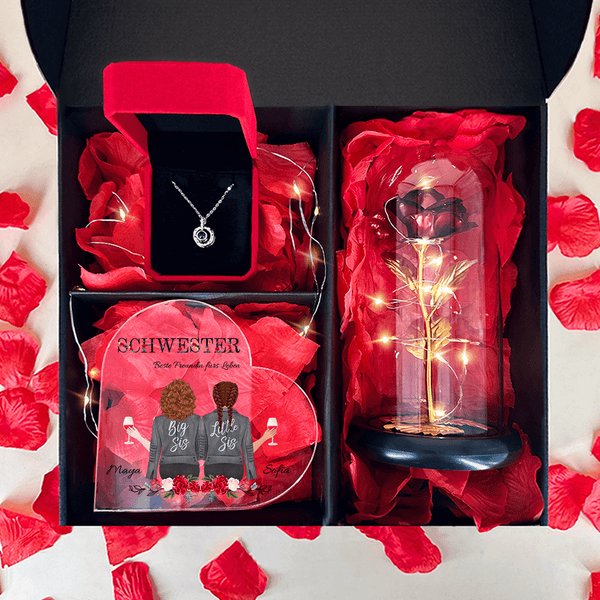 Rote ewige Rose + Herz FÜR MEINE SCHWESTER + Anhänger Box 3 in 1 - Geschenkset, personalisiertes Geschenk für Schwester - Adamell.de
