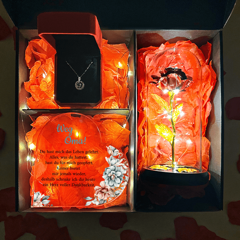 Rote ewige Rose + Herz FÜR OMA + Anhänger Box 3 in 1 - Geschenkset, personalisiertes Geschenk für Oma - Adamell.de