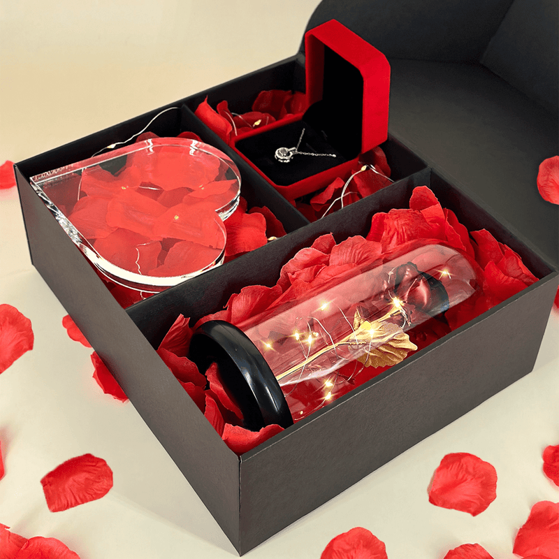 Rote ewige Rose + Herz FÜR PAAR + Anhänger Box 3 in 1 - Geschenkset, personalisiertes Geschenk für Paar - Adamell.de